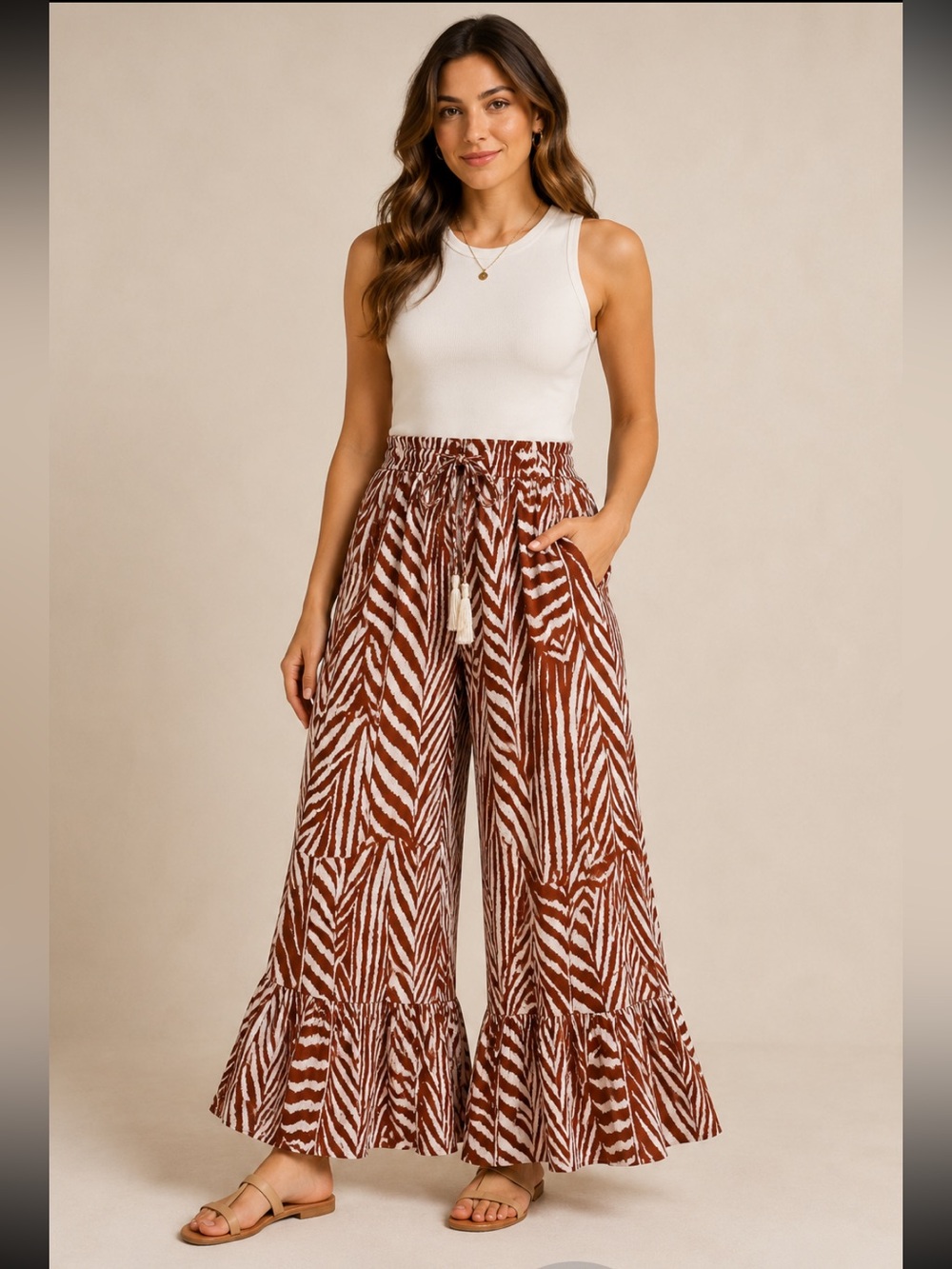 Zebra-Print Wide Leg Palazzo Pants in Rust and White